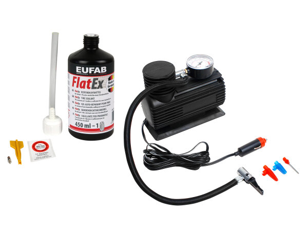 Reifenpannenset | EUFAB FlatEx | 12V Mini Kompressor | 450ml Dichtmittel