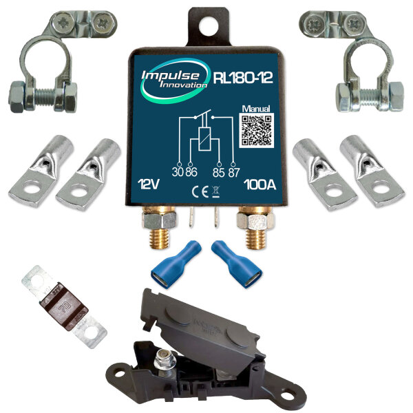 Trennrelais RL180-12 | 12V 100A | Polklemmen | 70A Sicherung | 20-25mm² Verbinder