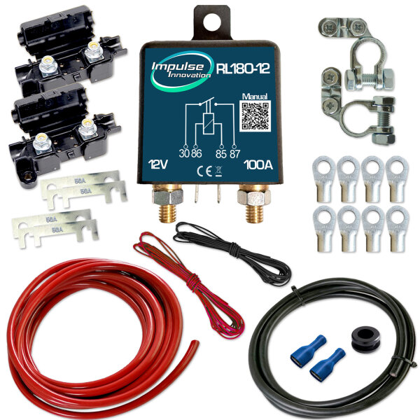 Zweitbatterieset | RL180-12 Trennrelais 12V 100A | 3,5m 10mm² Kabel | 10 Streifensicherungen