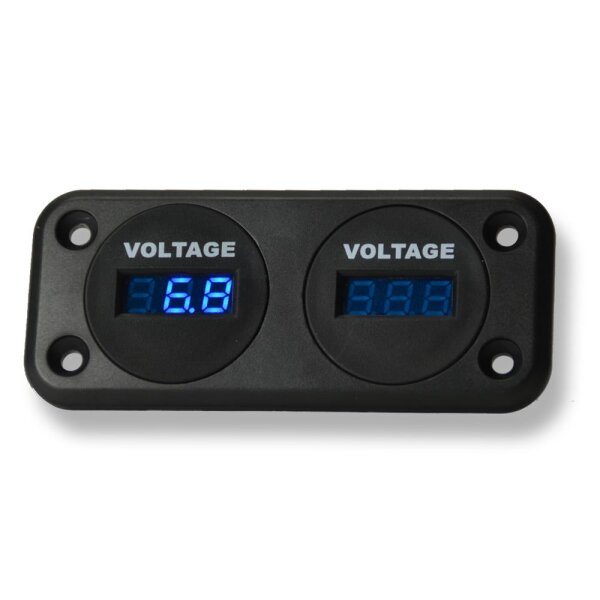 Doppelarmatur | 2x Digital-Voltmeter LED Blau | 6–33V | Ø29mm | Einbaurahmen 100x45mm