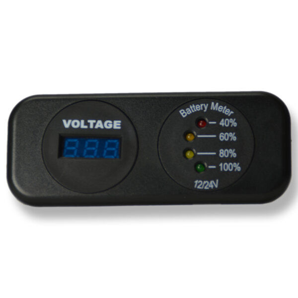 Doppelarmatur | Voltmeter | 4-LED Analog & 3-stellig Digital Blau | 7–33V | Ø29mm | Einbaurahmen 108x44mm