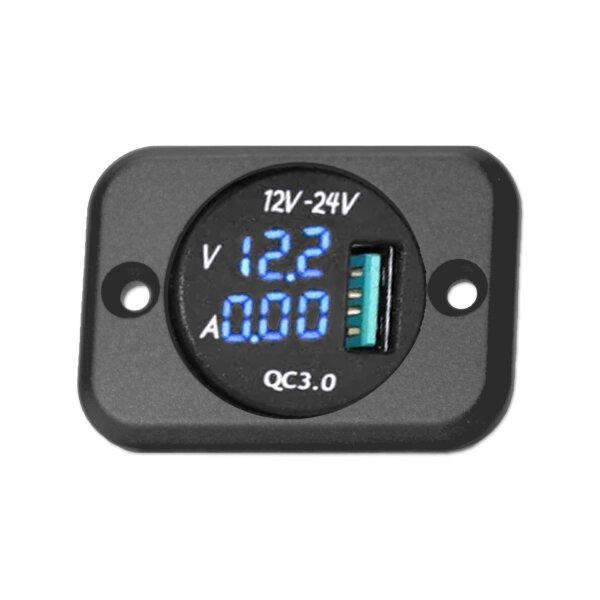 USB-Steckdose | Typ A | 12-24V | 5V 3A | QC 3.0 | LED Voltmeter & Amperemeter |  Inkl. Einbaurahmen