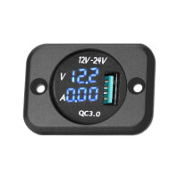 USB-Steckdose | Typ A | 12-24V | 5V 3A | QC 3.0 | LED Voltmeter & Amperemeter |  Inkl. Einbaurahmen