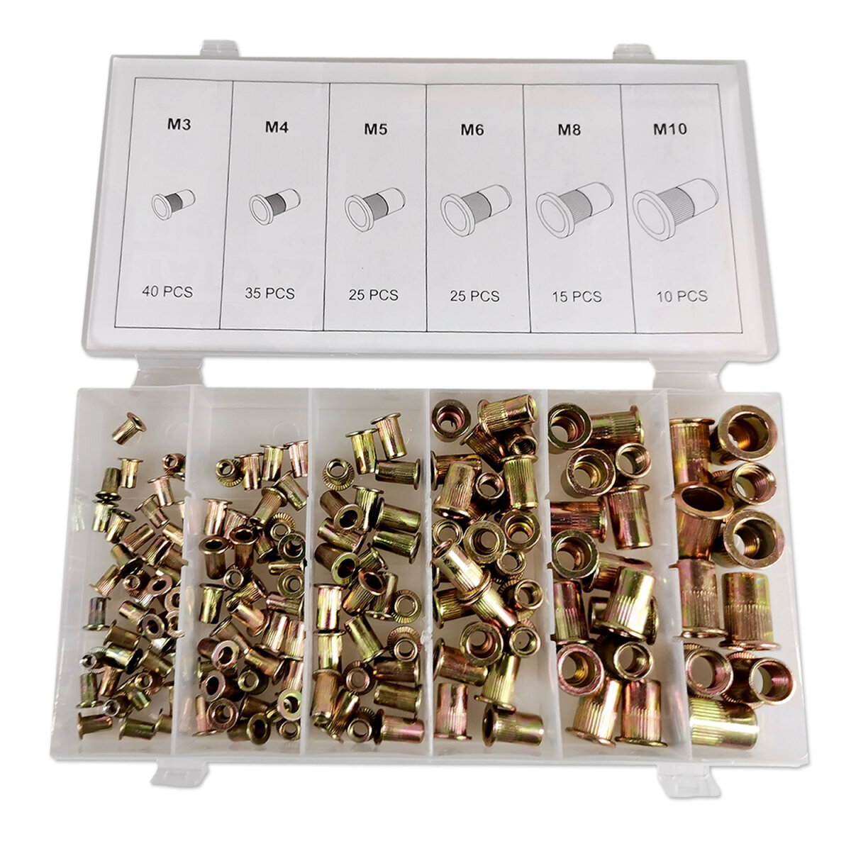 YATO Nietmutter Sortiment M3 M4 M5 M6 M8 M10 Stahl (150 Stück), 15 