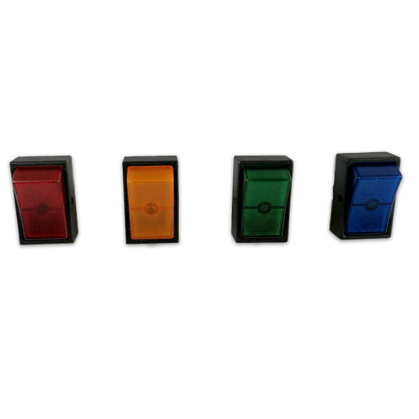 Wippschalter rechteckig | beleuchtet | 12V | 30A | Ø12mm | Farbauswahl: Blau Rot Grün Gelb