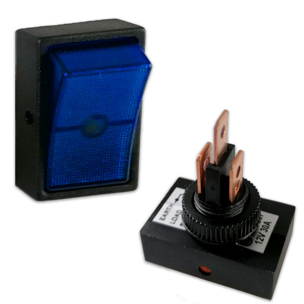 Wippschalter rechteckig | beleuchtet | 12V | 30A | Ø12mm | Blau