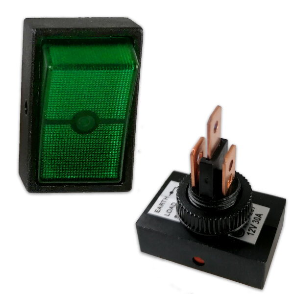 Wippschalter rechteckig | beleuchtet | 12V | 30A | Ø12mm | Grün