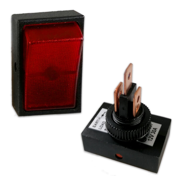 Wippschalter rechteckig | beleuchtet | 12V | 30A | Ø12mm | Rot
