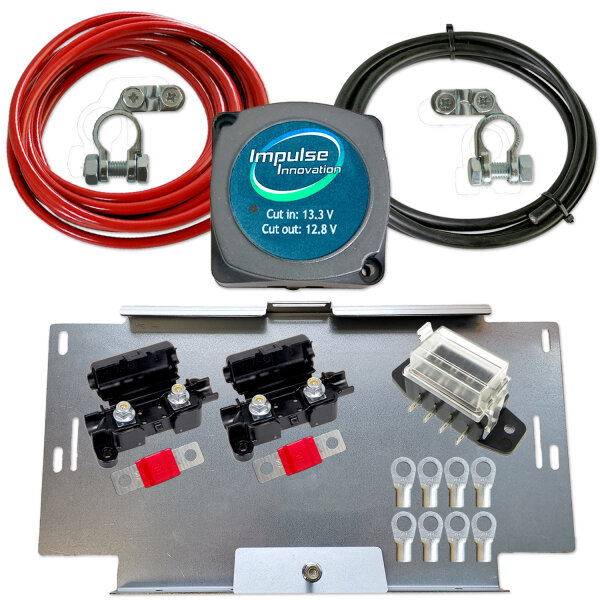 BSR140-12 Automatik Trennrelais 12V Zweitbatterieset mit 6m Kabelsatz 10mm² ECu & VW T4 T5 T6 Universal Batteriehalter