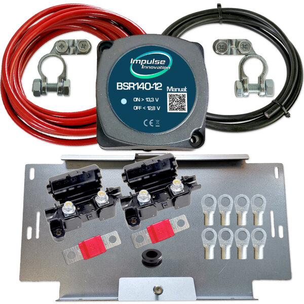 Zweitbatterieset BSR140-12 | Automatik Trennrelais 12V | 6m 10mm² Cu-Kabelsatz | Universal Batteriehalter für VW T4 T5 T6