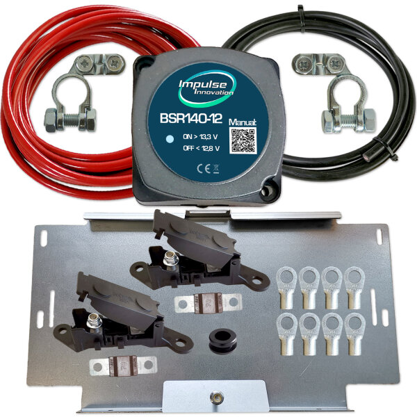 BSR140-12 Automatik-Trennrelais 12V | Zweitbatterieset mit 3,5m 20mm² ECu-Kabelsatz | Universal Batteriehalter für VW T4 T5 T6