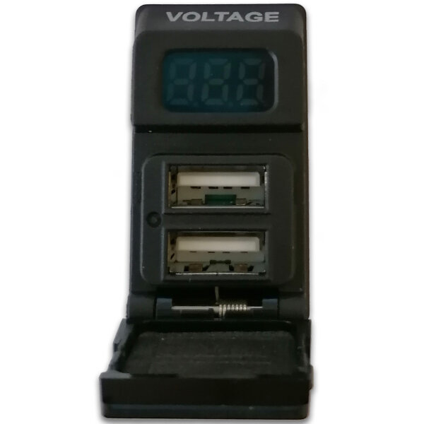 Doppel USB-A Steckdose mit Digital Voltmeter, 3-stellig, Blau, 12–24V, 2x 5V 2,4A, 37x21mm