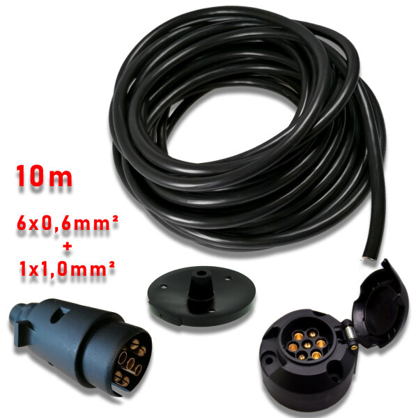 Anhängerkabelset | 6x0,6mm²+1x1mm² Kabel | Stecker & Dose 7-polig | 10 Meter