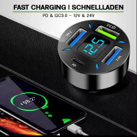 KFZ USB Ladegerät 50W 4-Port PD QC3.0 Voltmeter 12V 24V USB-C Adapter