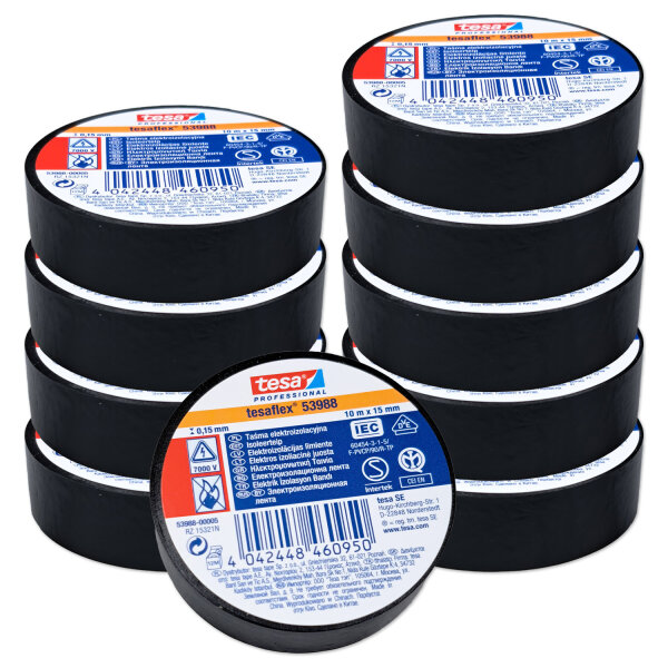 Isolierband TESA Professional |  tesaflex 53988 | Schwarz | 15mm x 10m | 10 Stück