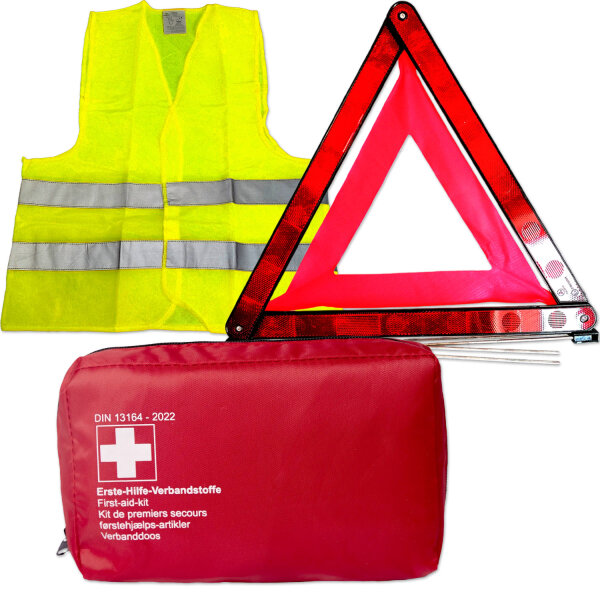 KFZ Unfall- und Erste-Hilfe Set | Verbandtasche, Rot | Warndreieck | Warnweste, Gelb