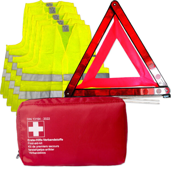 KFZ Unfall- und Erste-Hilfe Set | Verbandtasche, Rot | Warndreieck | 5 Warnwesten, Gelb
