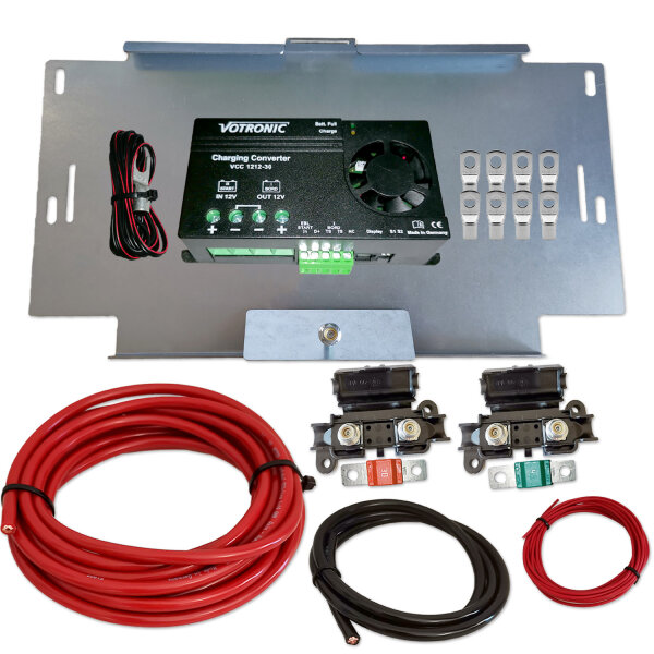 Votronic VCC 1212-30 Ladebooster- Zweitbatterieset mit 5m ECu Kabelsatz 10mm² & Batteriehalterung für T4 T5 T6 Universal