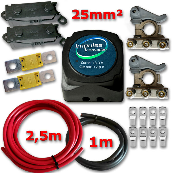 Zweitbatterieset BSR140-12 | Automatik Trennrelais 12V | 3,5m 25mm² Cu-Kabelsatz | 3-fach Polklemmen