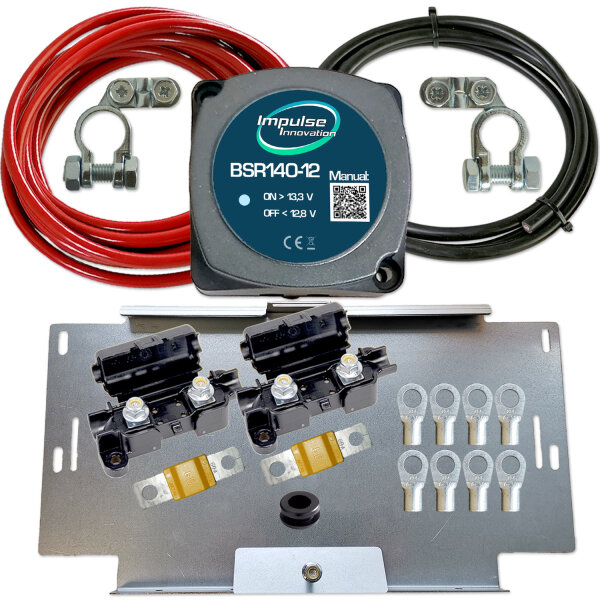 BSR140-12 Automatik-Trennrelais 12V | Zweitbatterieset mit 6m 16mm² ECu-Kabelsatz | Universal Batteriehalter für VW T4 T5 T6