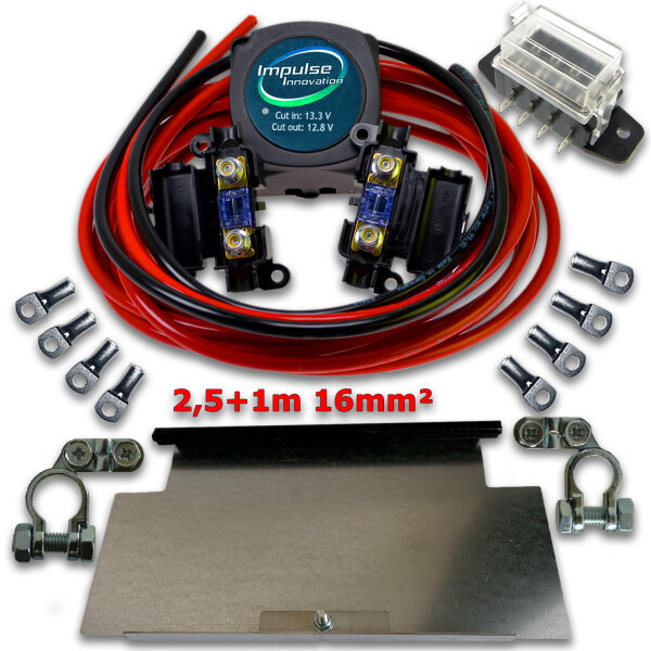 BSR140-12 Automatik Trennrelais- / Zweitbatterieset mit 3,5m Kabelsatz 16mm² ECu & VW T4/T5/T6 / Universal Batteriehalter