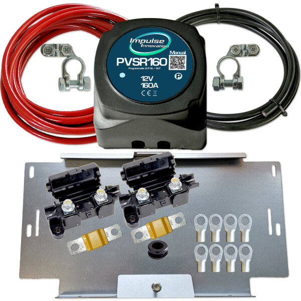 PVSR Programmierbares Automatik-Trennrelais 12V | Zweitbatterieset mit 6m 16mm² ECu-Kabelsatz | Universal Batteriehalter für VW T4 T5 T6