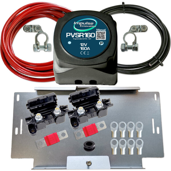 PVSR Programmierbares Automatik-Trennrelais 12V | Zweitbatterieset mit 6m 10mm² ECu-Kabelsatz | Universal Batteriehalter für VW T4 T5 T6