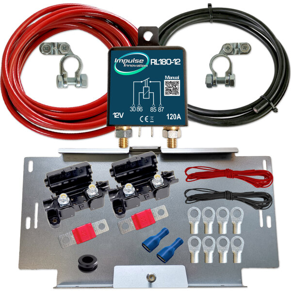 Zweitbatterieset | RL180-12 PRO | Trennrelais 12V 120A | 3,5m 10mm² Kabel | Batteriehalter VW T4-6