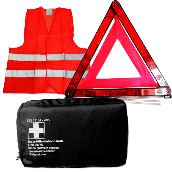 KFZ Unfall- und Erste-Hilfe Set | Verbandtasche, Schwarz | Warndreieck | Warnweste, orange
