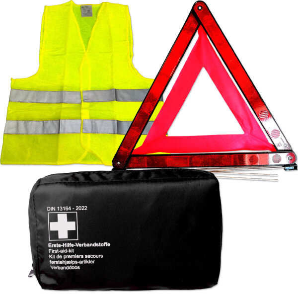 KFZ Unfall- und Erste-Hilfe Set | Verbandtasche, Schwarz | Warndreieck | Warnweste, Gelb