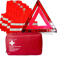 KFZ Unfall- und Erste-Hilfe Set | Verbandtasche, Rot | Warndreieck | 5 Warnwesten, Orange