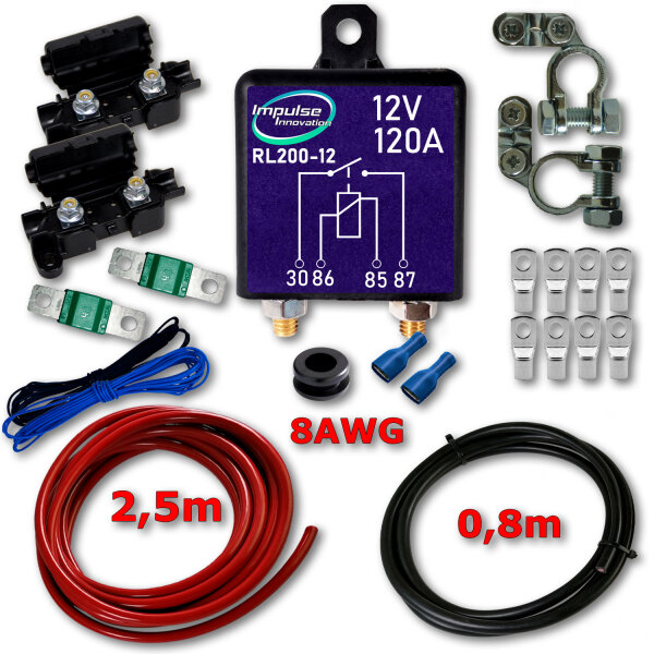 Zweitbatterieset ECO RL200-12 | Trennrelais 12V | 3,5m AWG8 CCA-Kabelsatz