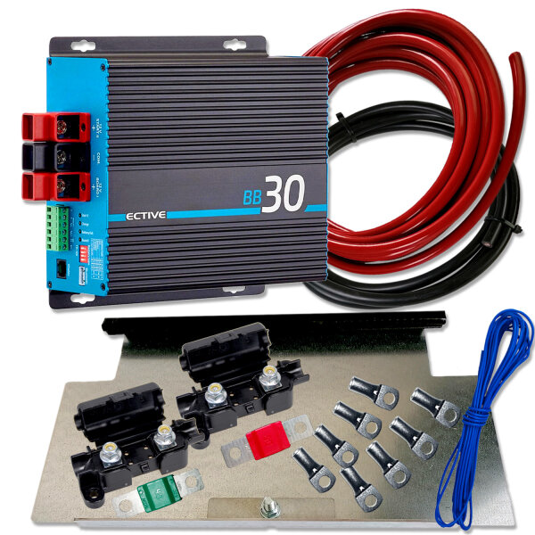 Zweitbatterieset | ECTIVE BB30 Ladebooster 12V 30A | 3,5m 10mm² Kabel | Batteriehalter VW T4 T5 T6 Universal