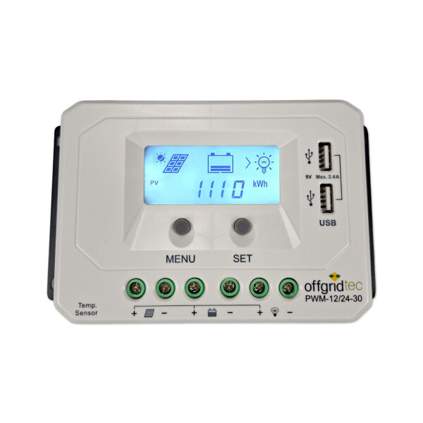 Solarladeregler 30A | PWM-Laderegler 12V / 24V | LCD-Display, USB