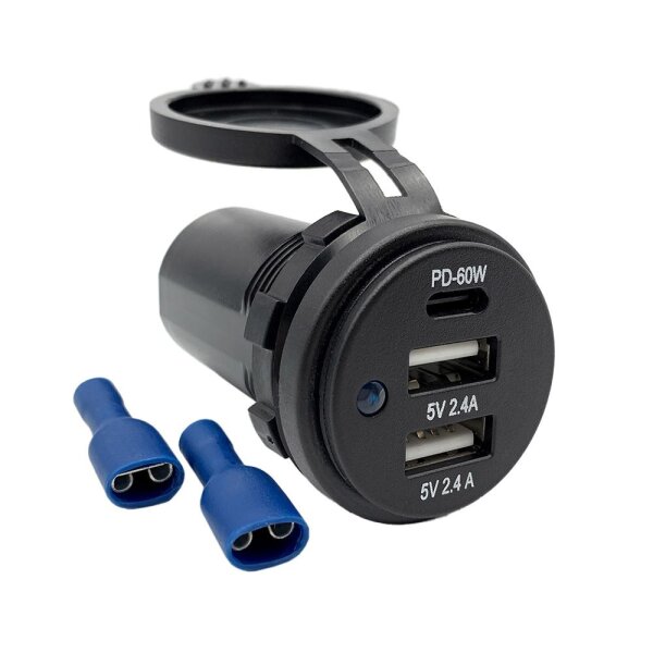 USB Dreifachsteckdose | Triple-USB Ladegerät | 12V/24V - USB-A & USB-C | Ø29mm