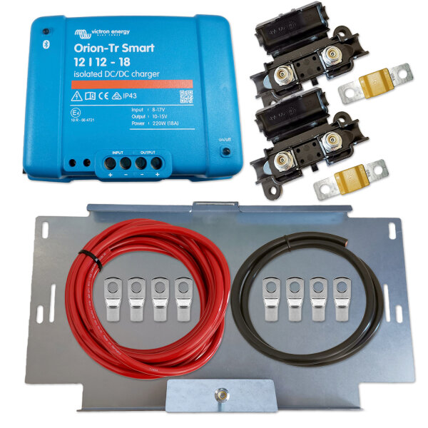 Ladebooster 12V Set 18A | Victron Orion-Tr Smart 12/12-18 (isoliert, Bluetooth) | 6 m 16 mm² Kupferkabel | Batteriehalter VW T4/T5/T6