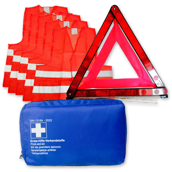 KFZ Unfall- und Erste-Hilfe Set | Verbandtasche, Blau | Warndreieck | 5 Warnwesten, Orange