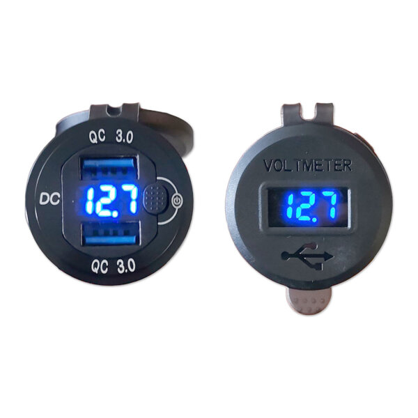 USB Doppelsteckdose | Typ A QC | 9-32V | Anzeige | Schalter | Ø29mm