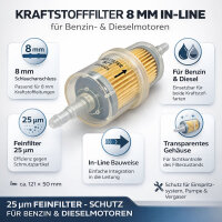 Kraftstofffilter | Benzin Diesel Filter | In-Line 8mm Anschluss | 25µm
